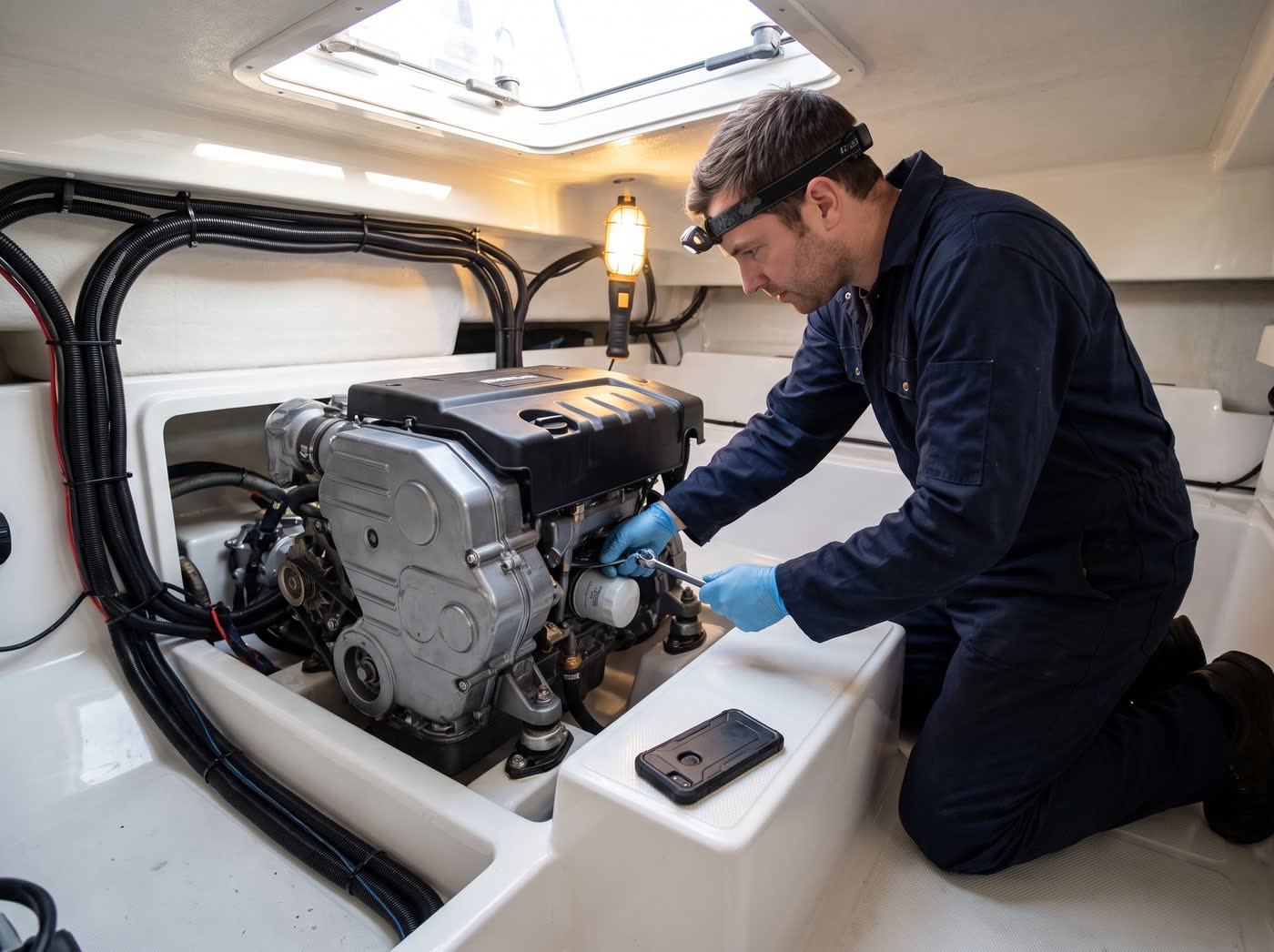 A marine engineer servicing a diesel engine in a boat's engine bay