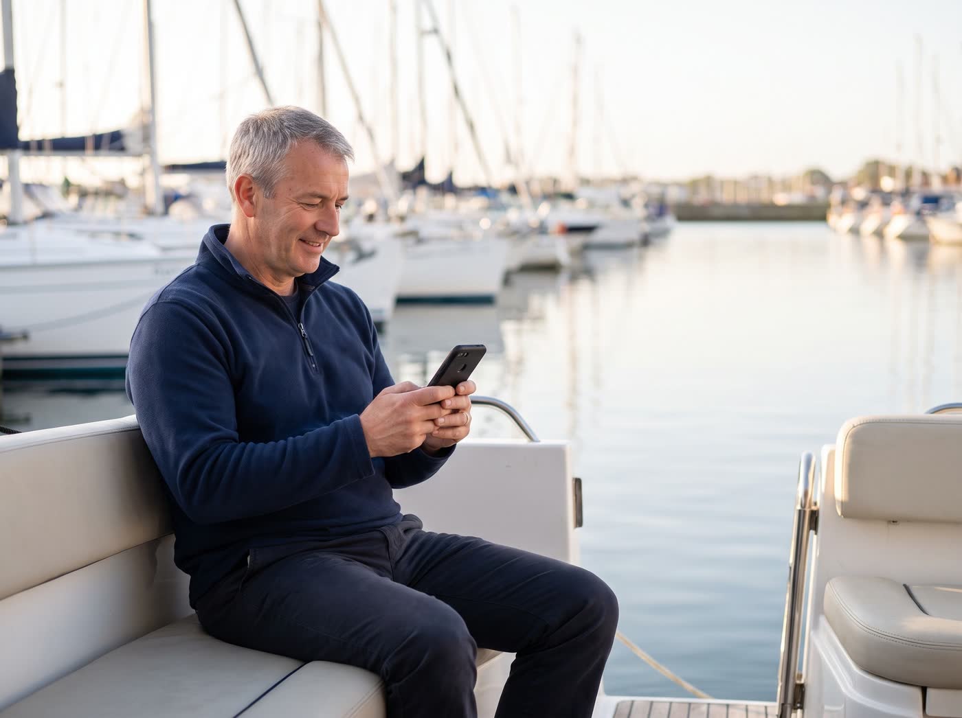 A boat owner on the back of his motor cruiser in a marina, checking his phone