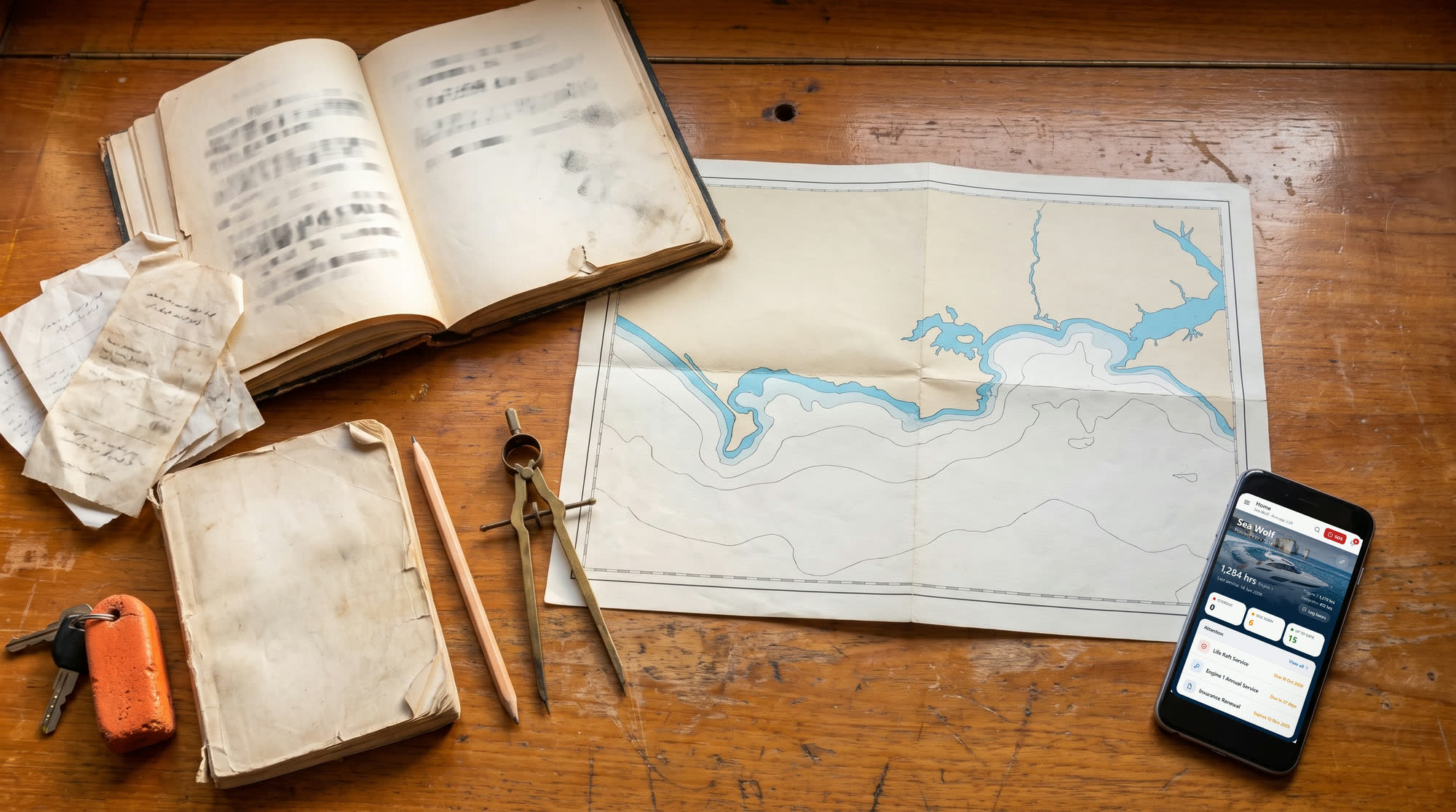 A chart table covered in a logbook, receipts and a paper chart, with Keelz open on a phone